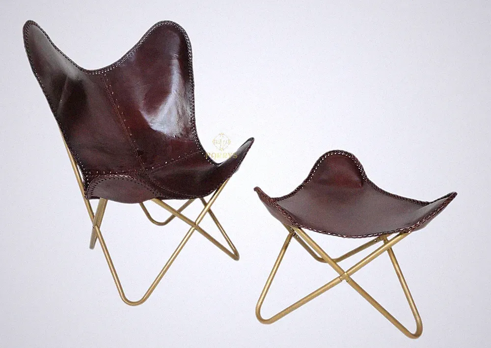 Butterfly Folding Leather Lounge Chair & Footstool Set - Handmade