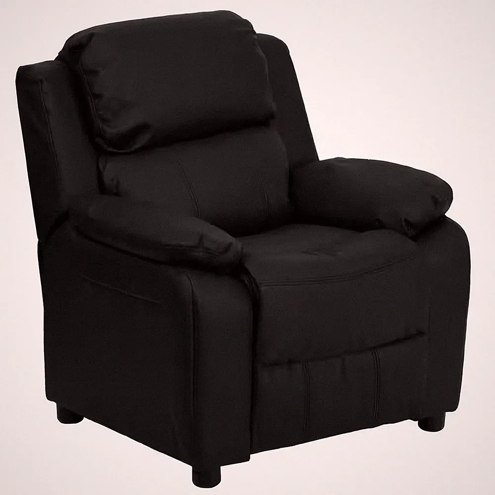 Deluxe Padded Contemporary Black Leather Kids Recliner with Storage Arms
