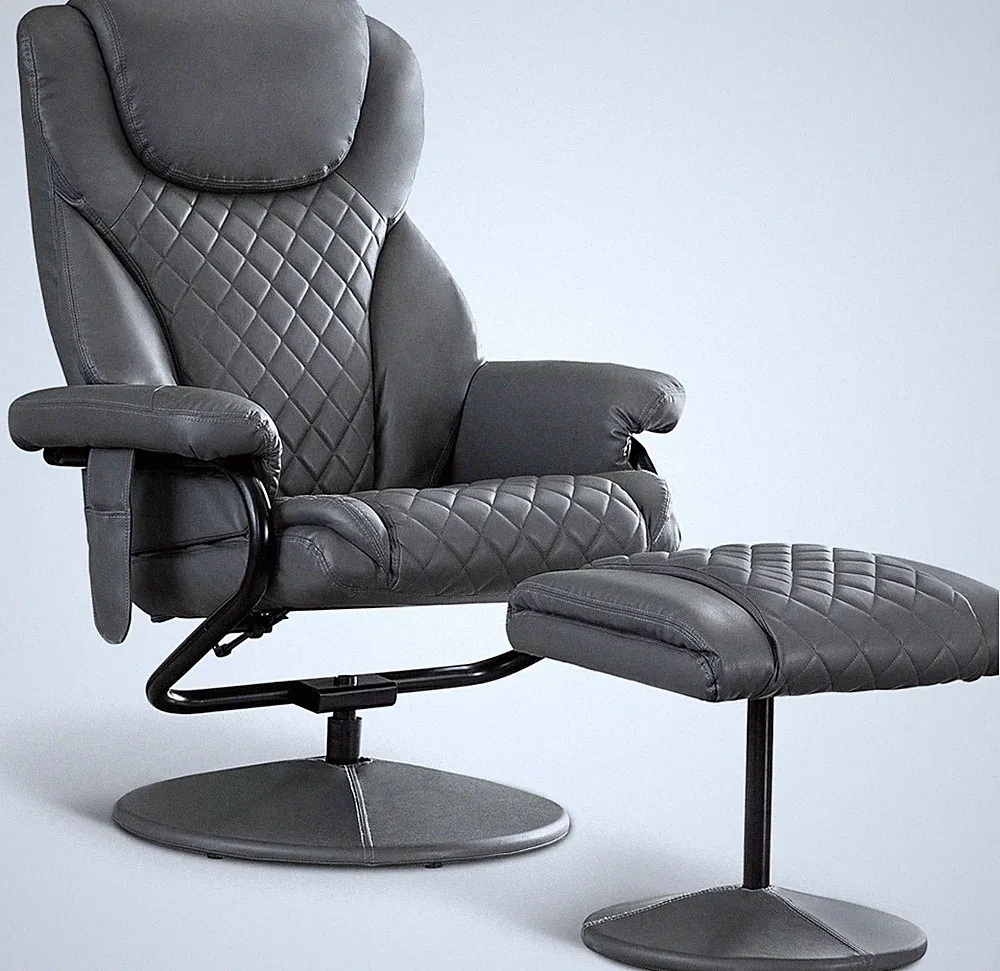 Grey Recliner Chair with Ottoman, Massage & 360 Swivel - Faux Leather Comfort