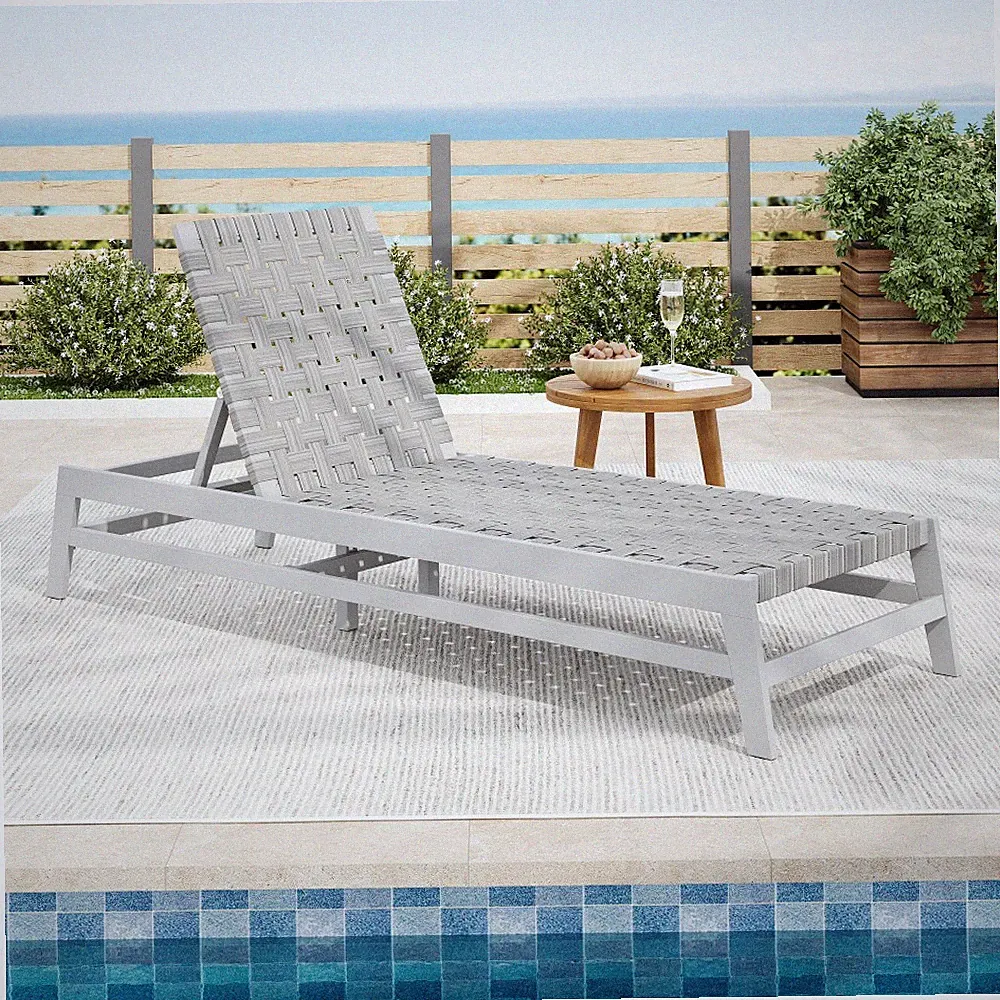 Outdoor Rope Chaise Lounge Wood Adjustable 4 Position Recliner Patio Poolside