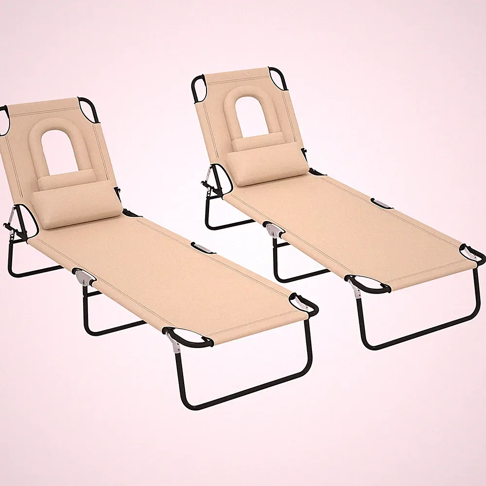 Outsunny Folding Sun Lounger Set of 2 Reclining Chair with Reading Hole Sand