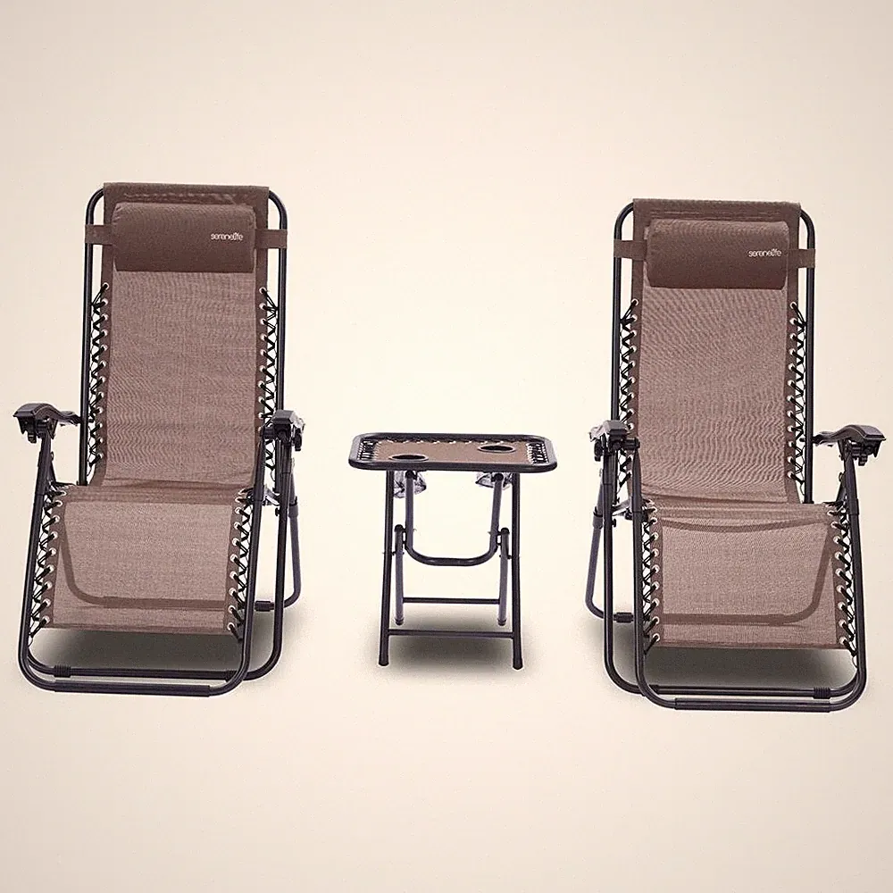 Serenelife Outdoor Adjustable Zero Gravity Lounge Chair Recliners w/ Table-Brown