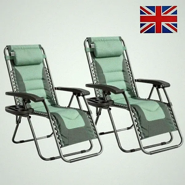 Set of 2 Zero Gravity Heavy Duty Outdoor Garden Reclining Chairs with Padded Sea